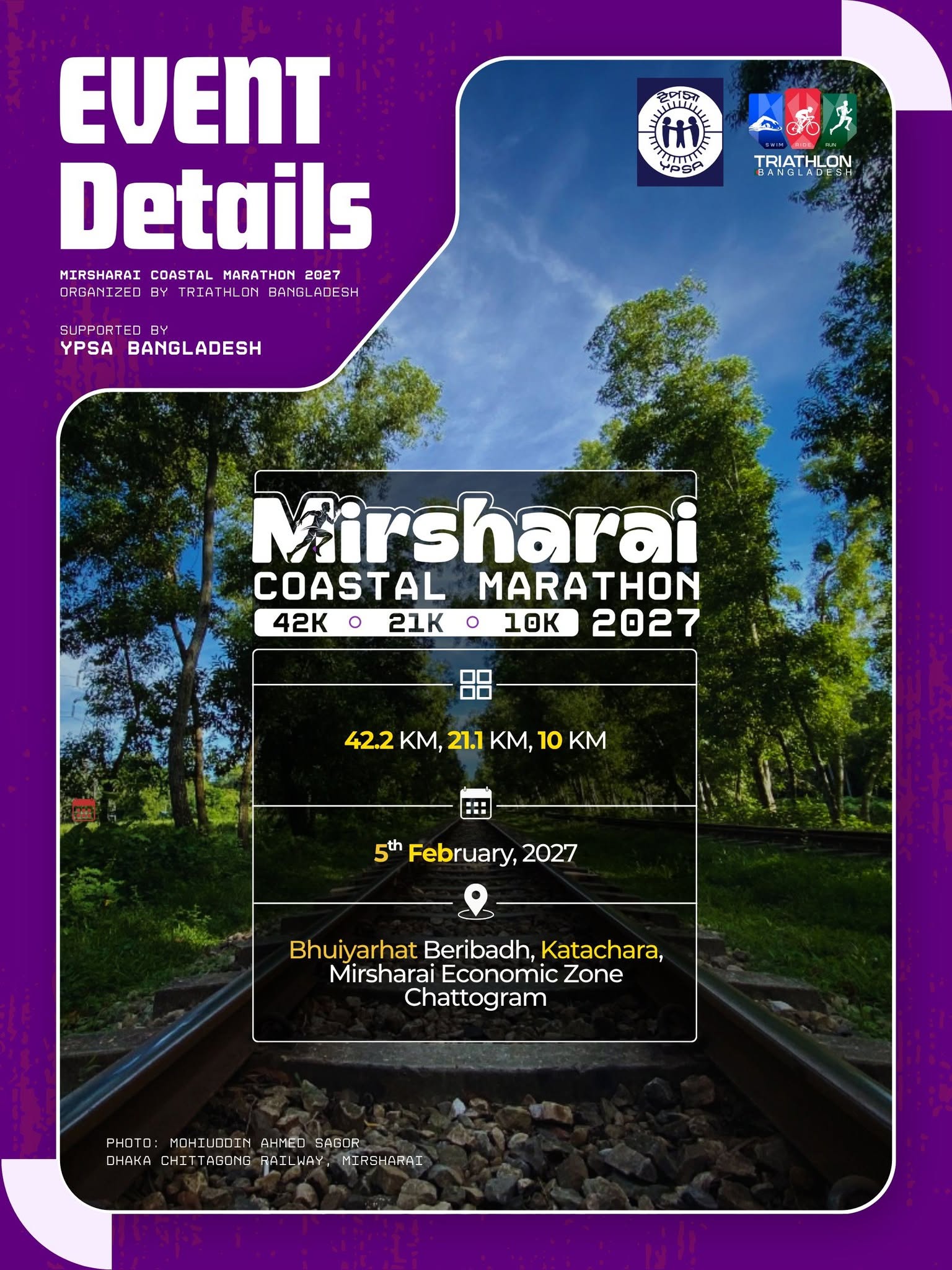 Mirsharai Coastal Marathon 2027 event details poster — 5 February 2027, Bhuiarhat Beribandh, Katachara, Mirsharai Economic Zone, Chattogram